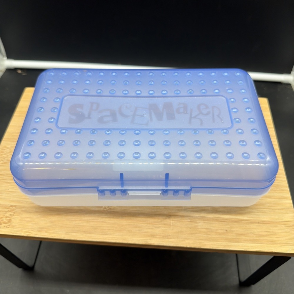 Vintage 90's Spacemaker Plastic Pencil Pen Storage Case Box Blue And Clear